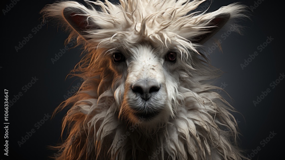 Wall mural a white alpaca with fluffy fur and brown eyes stares intensely at the camera, its face illuminated b