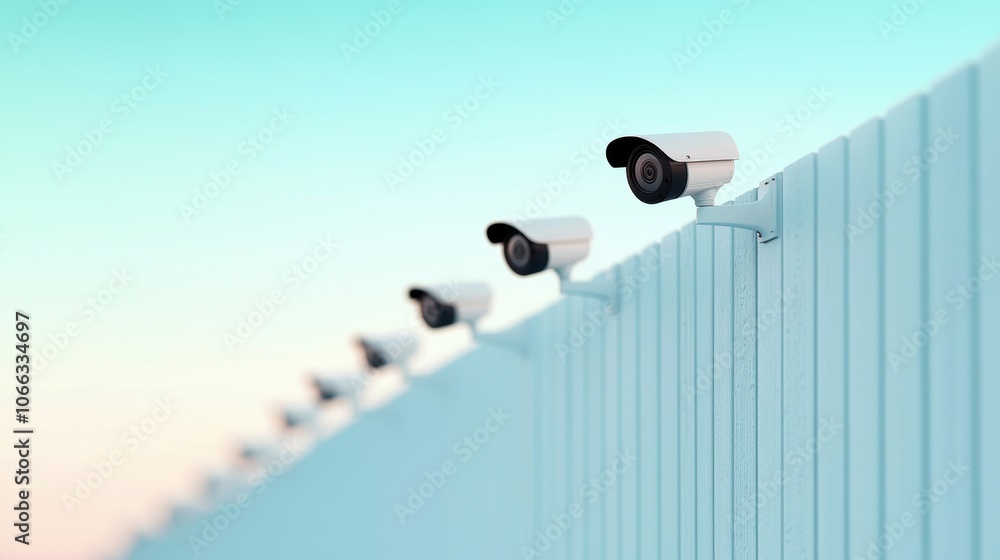 Poster a row of security cameras monitoring a perimeter fence, representing security systems protecting sen