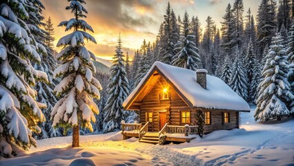 Fototapeta premium A Cozy Cabin Nestled Amongst Snow-Covered Evergreen Trees, Illuminated by the Warm Glow of Sunset