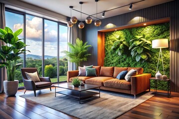 Fototapeta premium Aerial Photography of a Modern Living Room Interior Design with Sofa, Plants, Floor Lamp, Textured Wall, and Large Windows in a Contemporary Home Setting