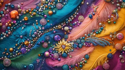Naklejka premium Colorful Feathers Adorned with Jewels and Beads