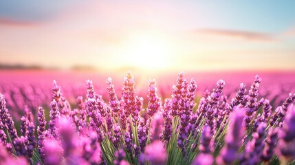 Naklejka premium A vibrant field of lavender flowers in full bloom, stretching towards the horizon under a clear blue sky.