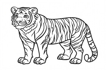 Obraz premium A detailed line drawing of a majestic tiger, showcasing its distinctive stripes and gentle expression. Suitable for coloring or illustration.