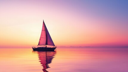 A lone sailboat silhouetted against a fiery purple and orange sunset over a tranquil lake, evoking a sense of peace and wonder.