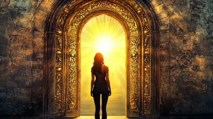 A woman stands in front of a large, ornate golden archway, gazing at the bright light emanating from the open door - Powered by Adobe