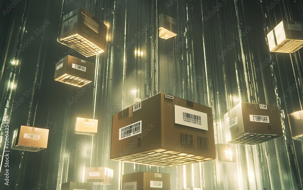 Aufkleber a digital abstract rendering of cardboard boxes in a futuristic digital space, glowing with light.