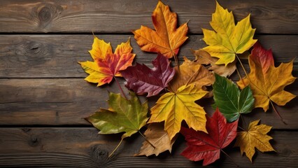 Obraz premium Autumn, bright multi-colored autumn leaves on the wooden surface, create a beautiful pattern, the background of dark wooden boards