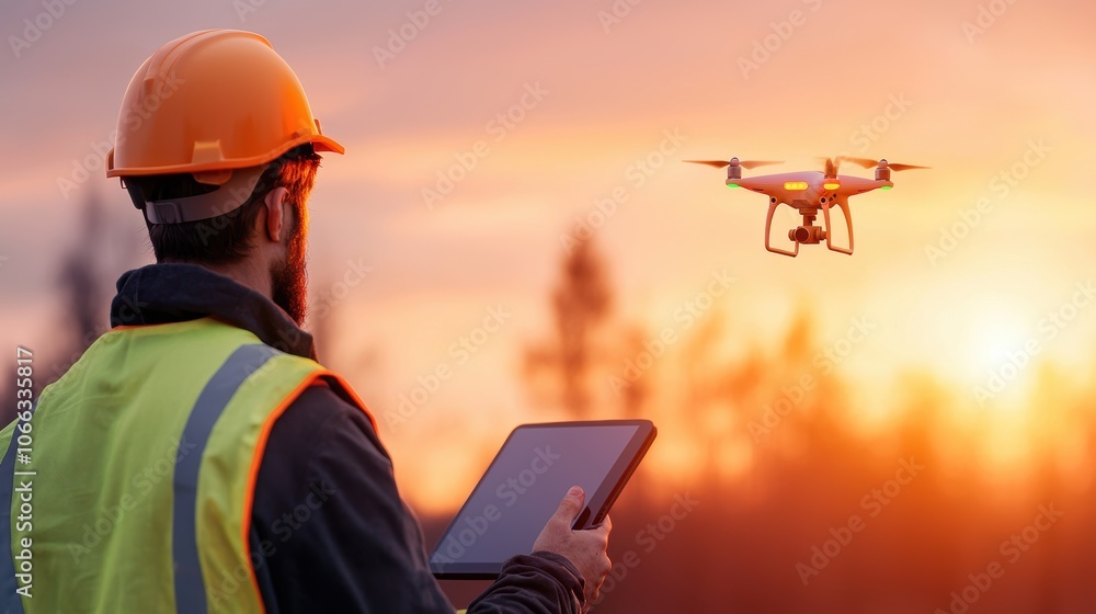 Poster an environmental engineer using a drone to monitor deforestation in a remote area, collecting data t