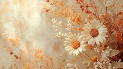 Delicate White Daisies and Dried Flower Stems in a Soft, Warm Setting