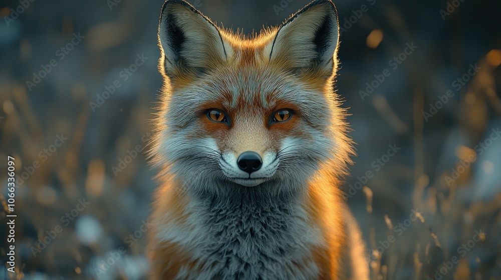Poster a red fox with a warm orange glow in its fur, standing in a field of grass, looking directly at the 