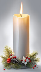 A lit white candle surrounded by festive decorations including pine branches and golden ornaments, set against a soft, snowy background.