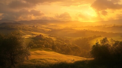 Obraz premium Golden Sunset Illuminates Rolling Hills and a Distant Farmhouse