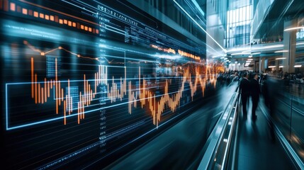 Obraz premium Dynamic financial data visualization with abstract lines and glowing graphs in a modern workspace.