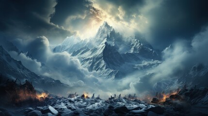 Naklejka premium A dramatic mountain peak with snow-capped peaks and a fiery foreground, shrouded in clouds against a stormy sky.