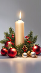 A lit white candle surrounded by festive decorations including pine branches and golden ornaments, set against a soft, snowy background.