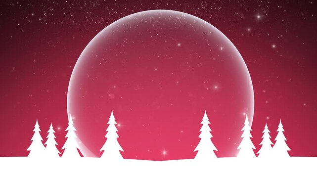 Red looped Christmas New year snow landscape with glass copy space sphere background.