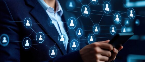 Businessman using smartphone with digital network connection icons in the background.