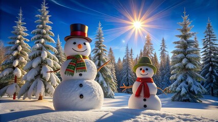 Fototapeta premium Two cheerful snowmen stand amidst a snowy forest, bathed in the warm glow of the sun. The snowmen are adorned with festive scarves and hats, symbolizing winter joy and camaraderie.