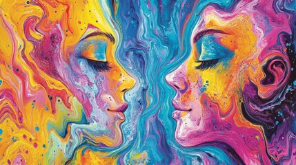 Two Abstract Faces Embracing in a Swirl of Vibrant Colors