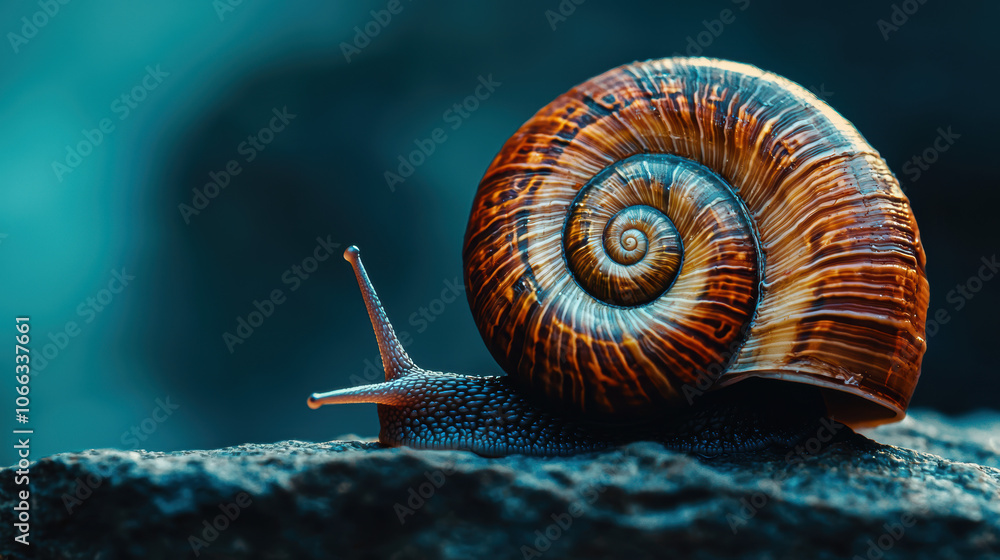 Poster a close-up of a beautifully detailed snail shell resting on a stone, showcasing intricate patterns a
