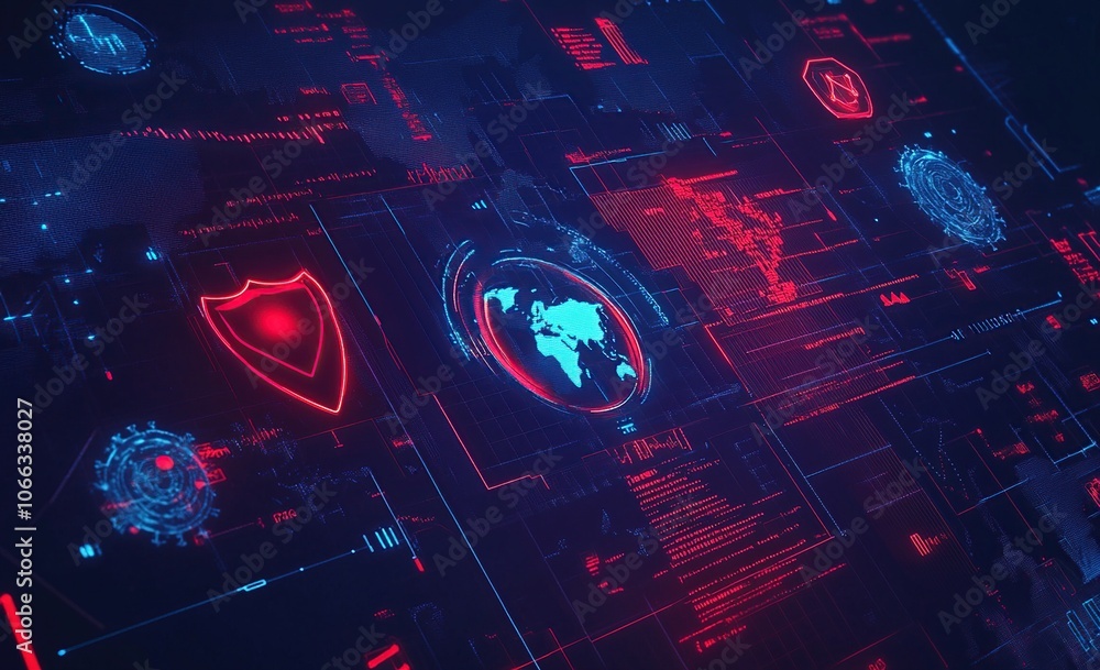 Poster abstract futuristic digital interface with data, security, and network icons in red and blue tones.