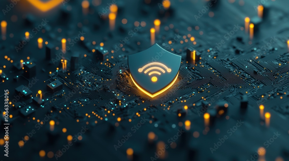 Poster network security visualized as a web of interconnected devices protected by a glowing shield, safegu