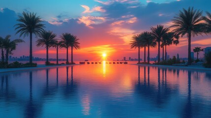 Obraz premium Sunset over the Pool with Palm Trees