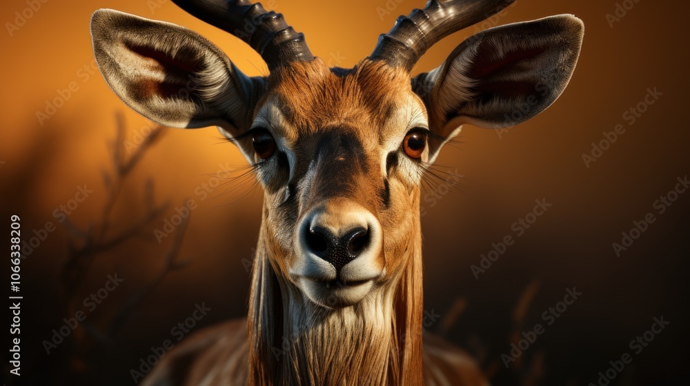 Poster a close-up portrait of a young impala with large ears and a curious expression. the animal is in foc