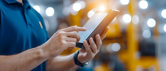 Hands Controlling Advanced Manufacturing Interface on Tablet with Blurred Machinery in the Background Monitoring Automated Industrial Systems and Processes with Digital Technology and Analytics