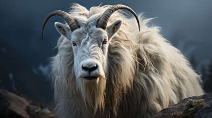 Obraz premium A mountain goat with long, white fur and large, curved horns stares intensely at the camera.