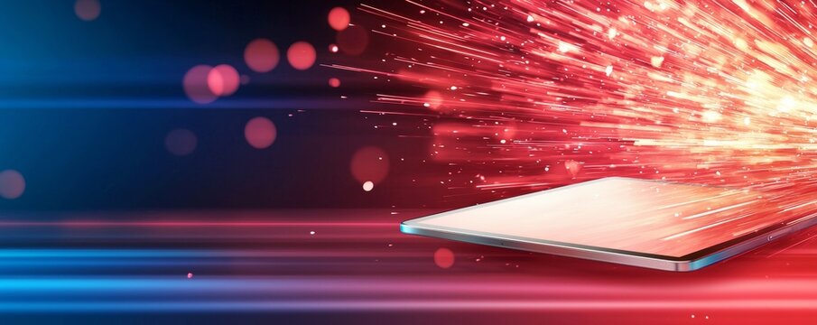 A dynamic digital abstract with vibrant blue and red streaks, showcasing a tablet with light trails and sparks, symbolizing technology and innovation.