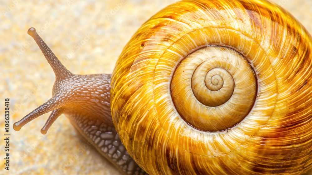 Poster a close-up of a colorful snail with a spiraled shell, showcasing its texture and vivid hues against 