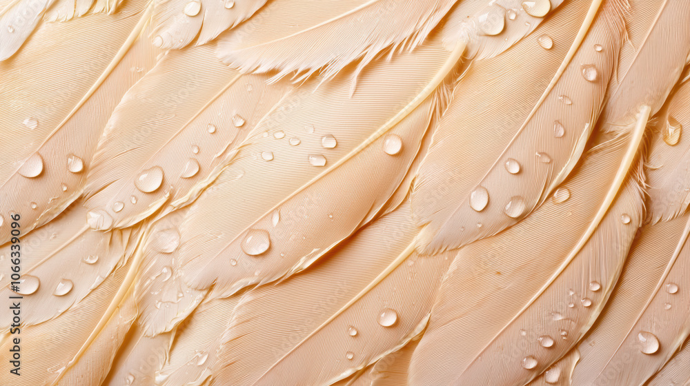 Poster a close-up view of delicate feathers with droplets of water, showcasing soft textures and a pale col