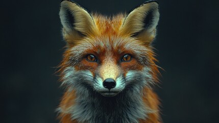 Fototapeta premium Close-up portrait of a red fox with bright orange eyes looking directly at the camera, set against a dark background.