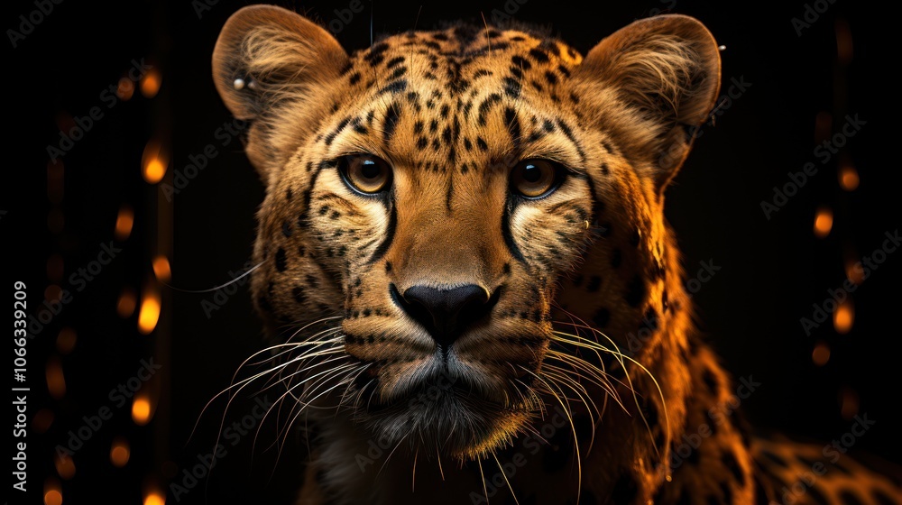 Poster a close-up portrait of a cheetah with a black background and bokeh lights.