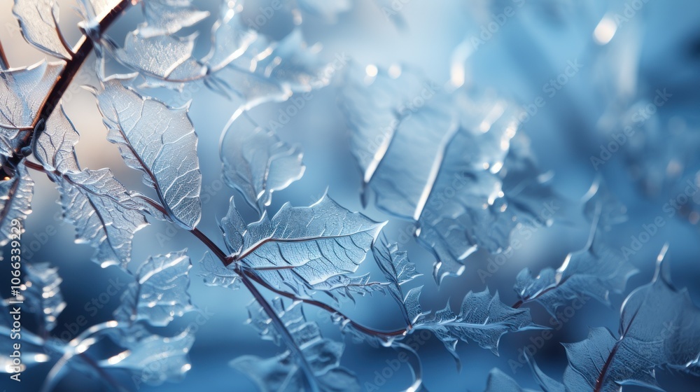 Poster a close-up shot of delicate, frosted leaves on a branch, creating a beautiful, abstract pattern.