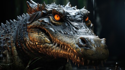 Fototapeta premium A close-up portrait of a menacing alligator with glowing eyes, looking directly at the camera.