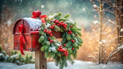 A festive red mailbox adorned with a snow-dusted evergreen wreath and a vibrant crimson bow, standing amidst a winter wonderland of falling snowflakes