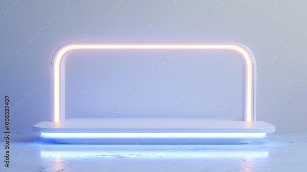 Poster a modern display platform with minimalist design, featuring colorful led lighting in a clean space, 