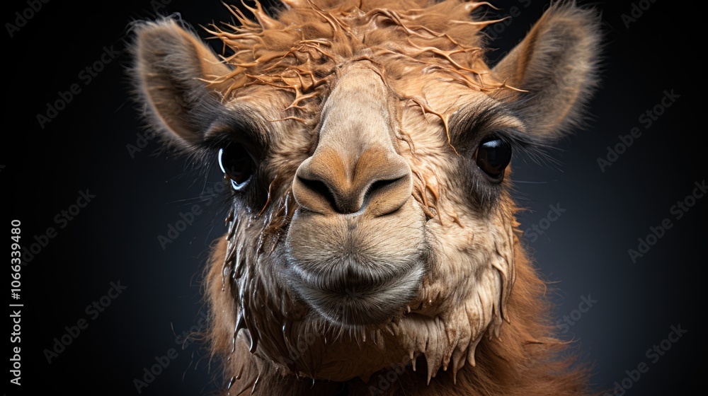 Poster close-up portrait of a camel's face with a curious expression, looking directly at the camera.