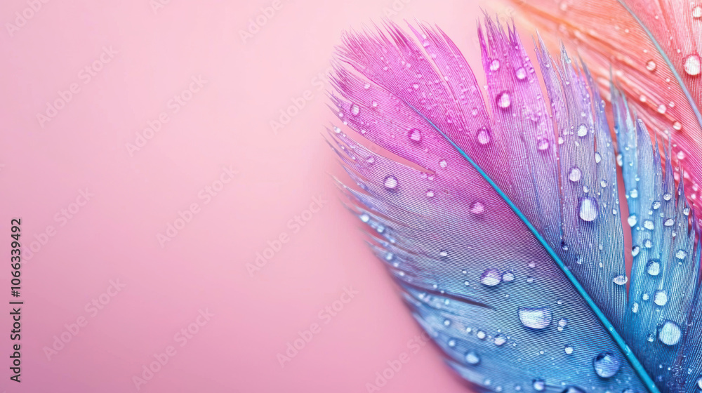 Poster a vibrant feather with droplets sits against a soft pink background, creating a visually appealing c