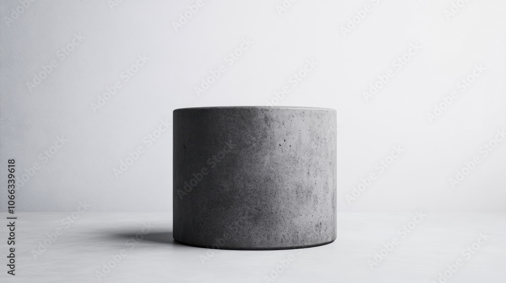 Poster description:** a minimalist gray concrete cylindrical object against a light backdrop, emphasizing s