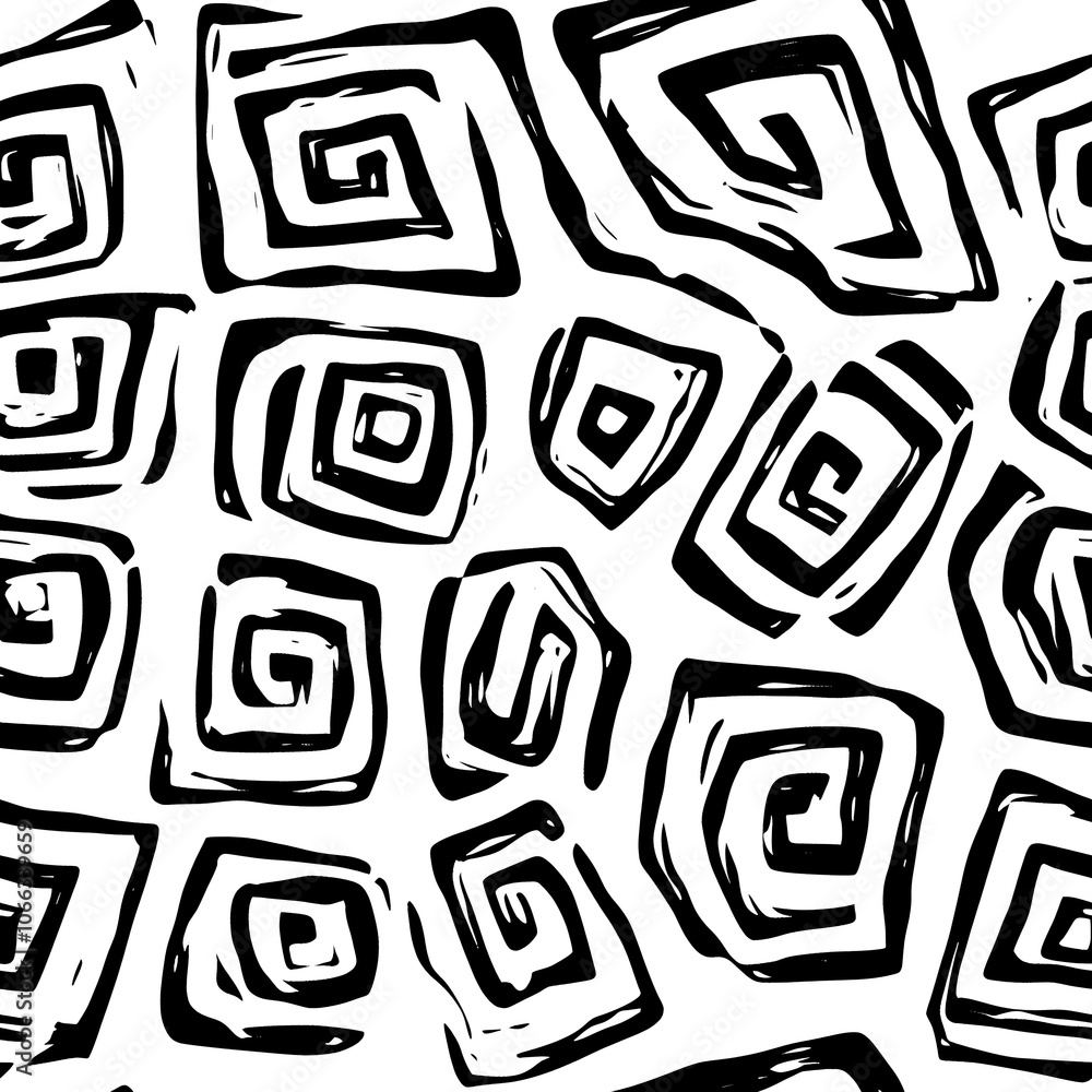 Poster abstract black and white pattern with squares and spirals.