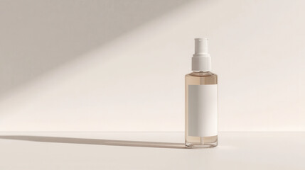 A minimalistic beauty spray bottle on a soft surface, casting a gentle shadow, showcasing elegance and simplicity.