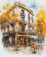 Cozy european Spain cafe outdoor, Barcelona city autumn time, watercolor