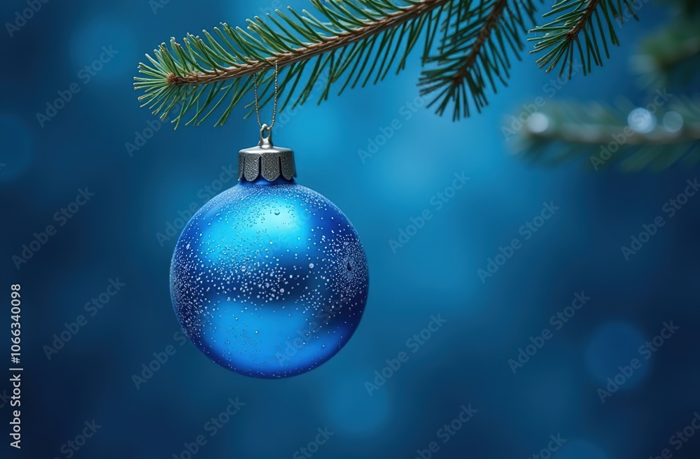 Wall mural a lonely blue christmas glass ball, blue in color, hanging from a pine branch.blue background.