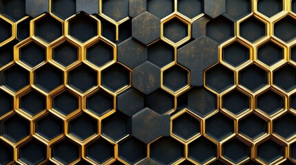 A seamless honeycomb pattern background with a metallic gold and black finish