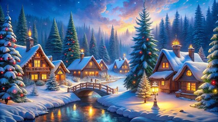 Fototapeta premium A Serene Winter Wonderland with Snow-Covered Cottages and a Sparkling Stream Glimmering Beneath a Starry Sky