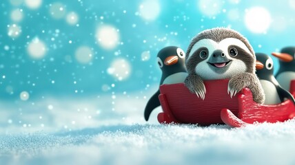Christmas sloth riding a sleigh pulled by penguins, snowy scene, 3D illustration
