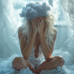 Person holding their head with a cloud over it, symbolizing stress or depression